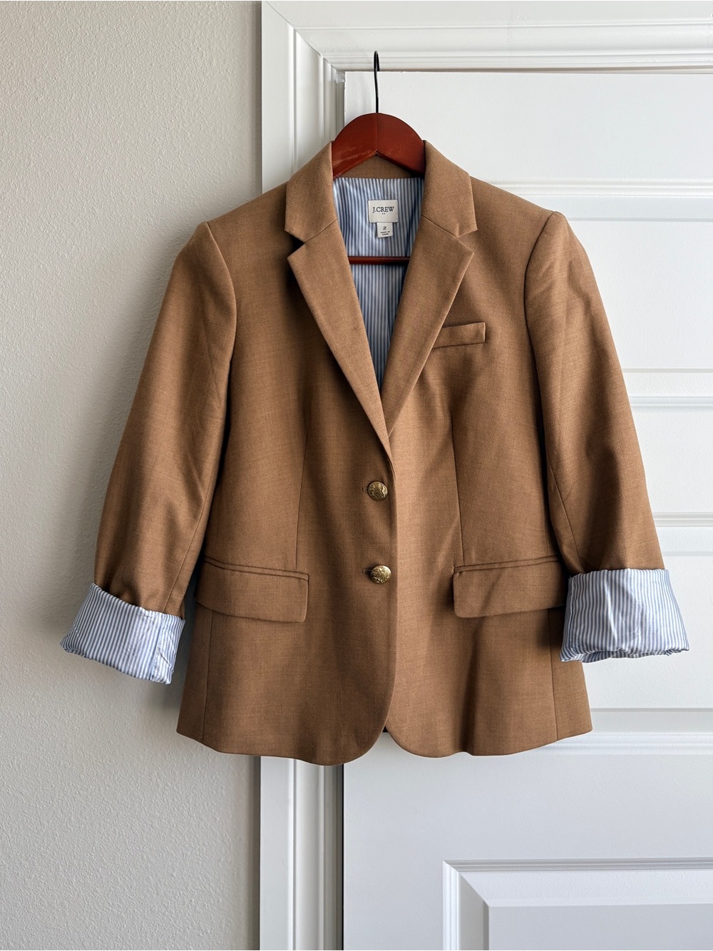 J.Crew Original Schoolboy Blazer Tan Camel Wool Gold Buttons 2 brown